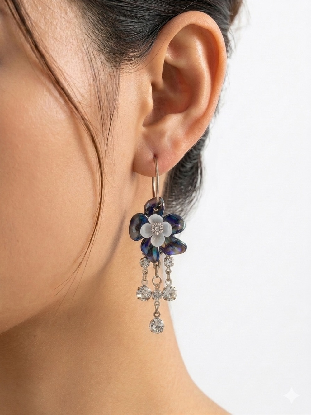Black Iridescent Floral Earrings with Rhinestone Dangles